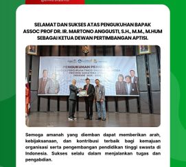 Selamat dan sukses atas pengukuhan Bapak Pembina Universitas MTU, Assoc. Prof. Dr. Ir. Martono Anggusti, S.H., M.M., M.Hum., sebagai Ketua Dewan Pertimbangan APTISI, serta Bapak Rektor Universitas MTU, Dr. Dompak Pasaribu, S.E., M.Si., CPA., CACP., sebagai Wakil Ketua Bidang Kewirausahaan dan Startup APTISI Sumatera Utara Periode 2025–2030