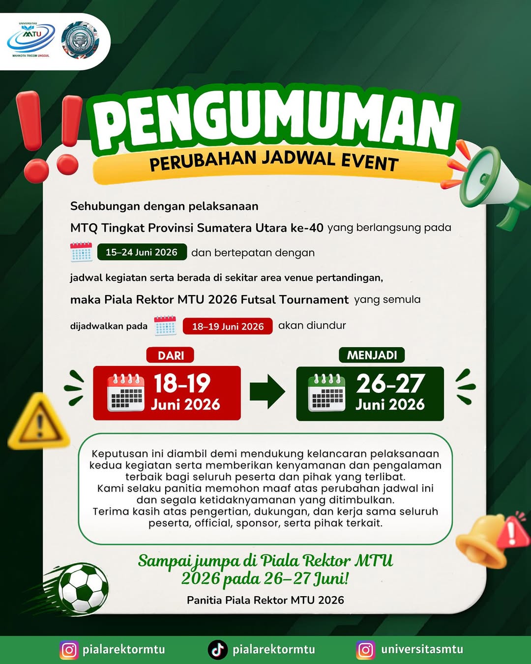 PENGUMUMAN RESMI PERUBAHAN JADWAL EVENT!!📢Dengan penuh rasa hormat, kami dari Panitia Piala Rek