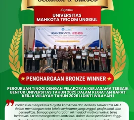 Universitas Mahkota Tricom Unggul (MTU) meraih penghargaan Bronze Winner – Perguruan Tinggi dengan Pelaporan Kerja sama Terbaik Tahun 2025 dalam kegiatan Rapat Kerja Wilayah Tahun 2026 LLDikti Wilayah I.